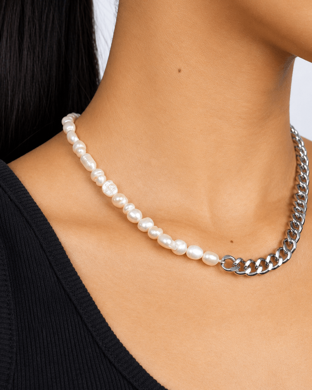 Half Pearl Chain Necklace