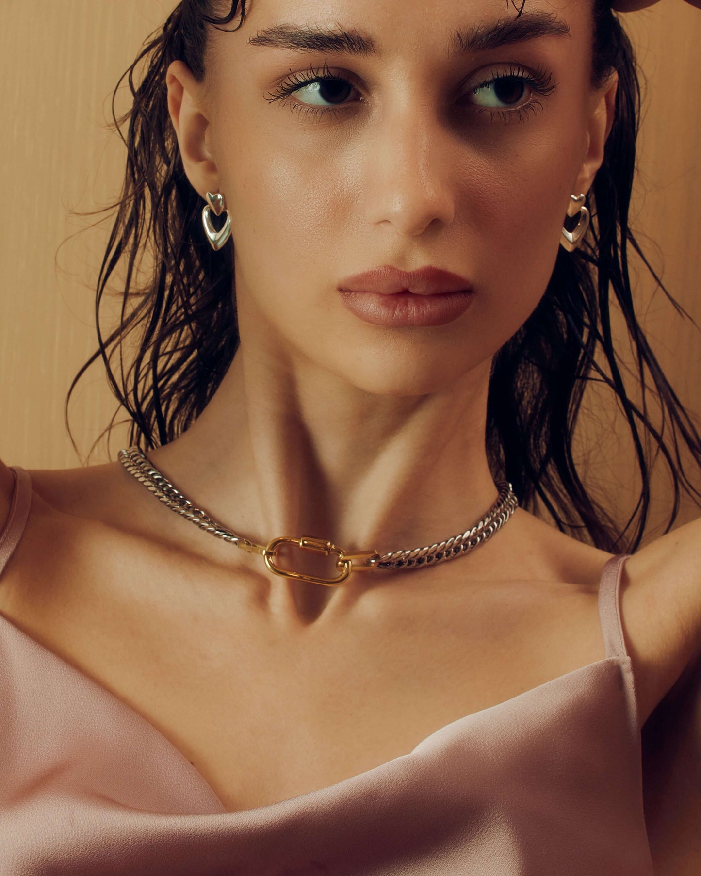 Two-tone chunky Cuban link chain necklace with bold links and pendant attachment, perfect for layering or statement styling.