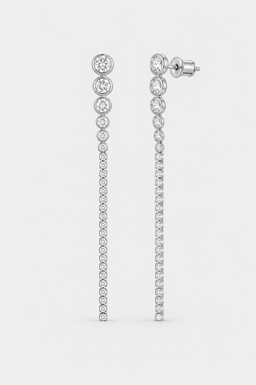 CZ crystal long drop earrings in gold or silver finish, elegant linear crystal earrings for women, sparkling statement drop earrings, modern dangling bridal jewelry, minimalist long crystal earrings for evening wear or special occasions