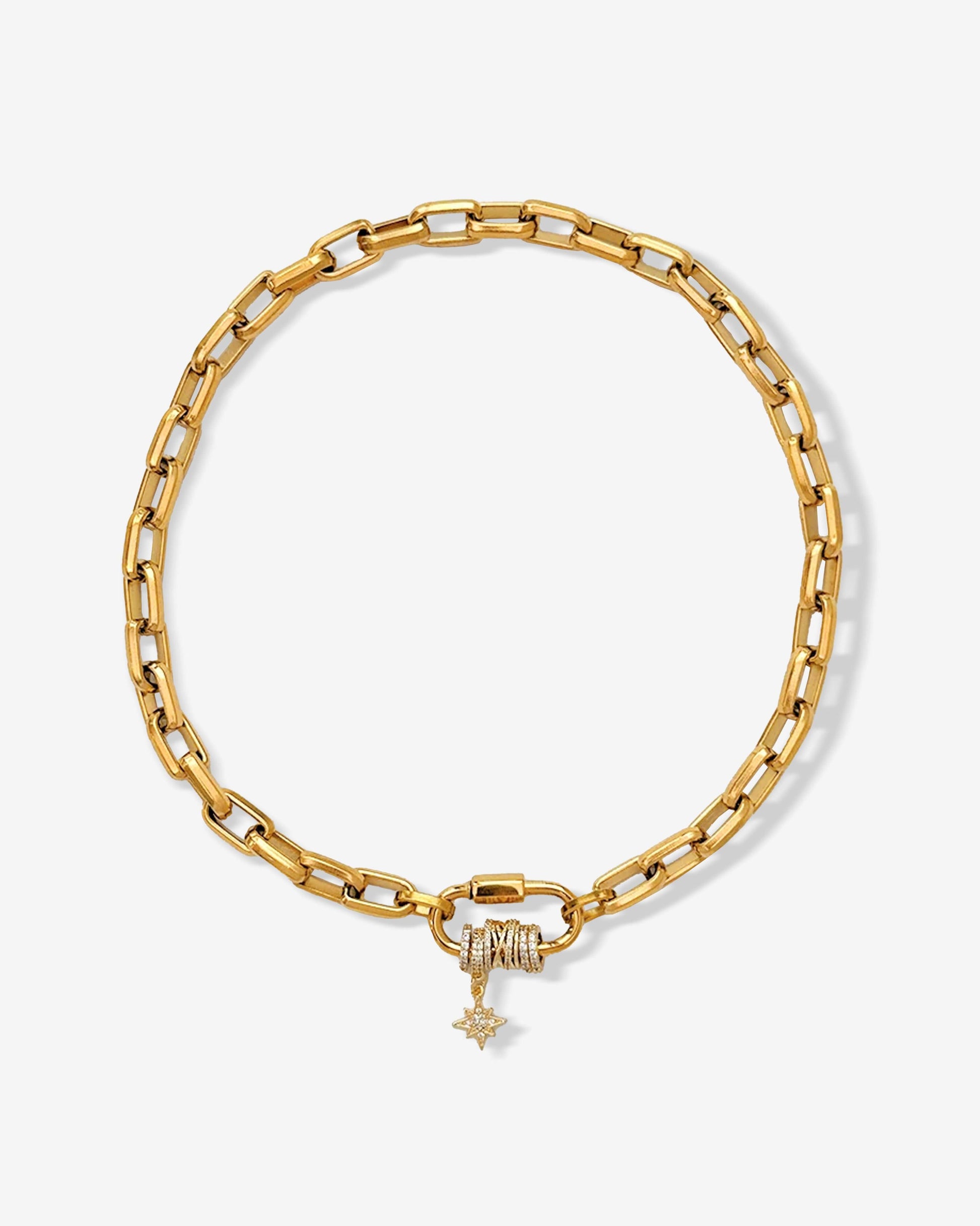 Carabiner pave pendant with sparkling zircon charms on chunky oval link chain, perfect for layering or bold standalone styling.