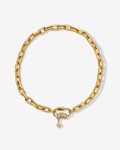 Carabiner pave pendant with sparkling zircon charms on chunky oval link chain, perfect for layering or bold standalone styling.