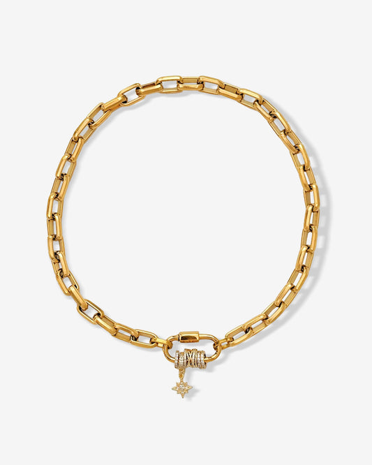 Carabiner pave pendant with sparkling zircon charms on chunky oval link chain, perfect for layering or bold standalone styling.