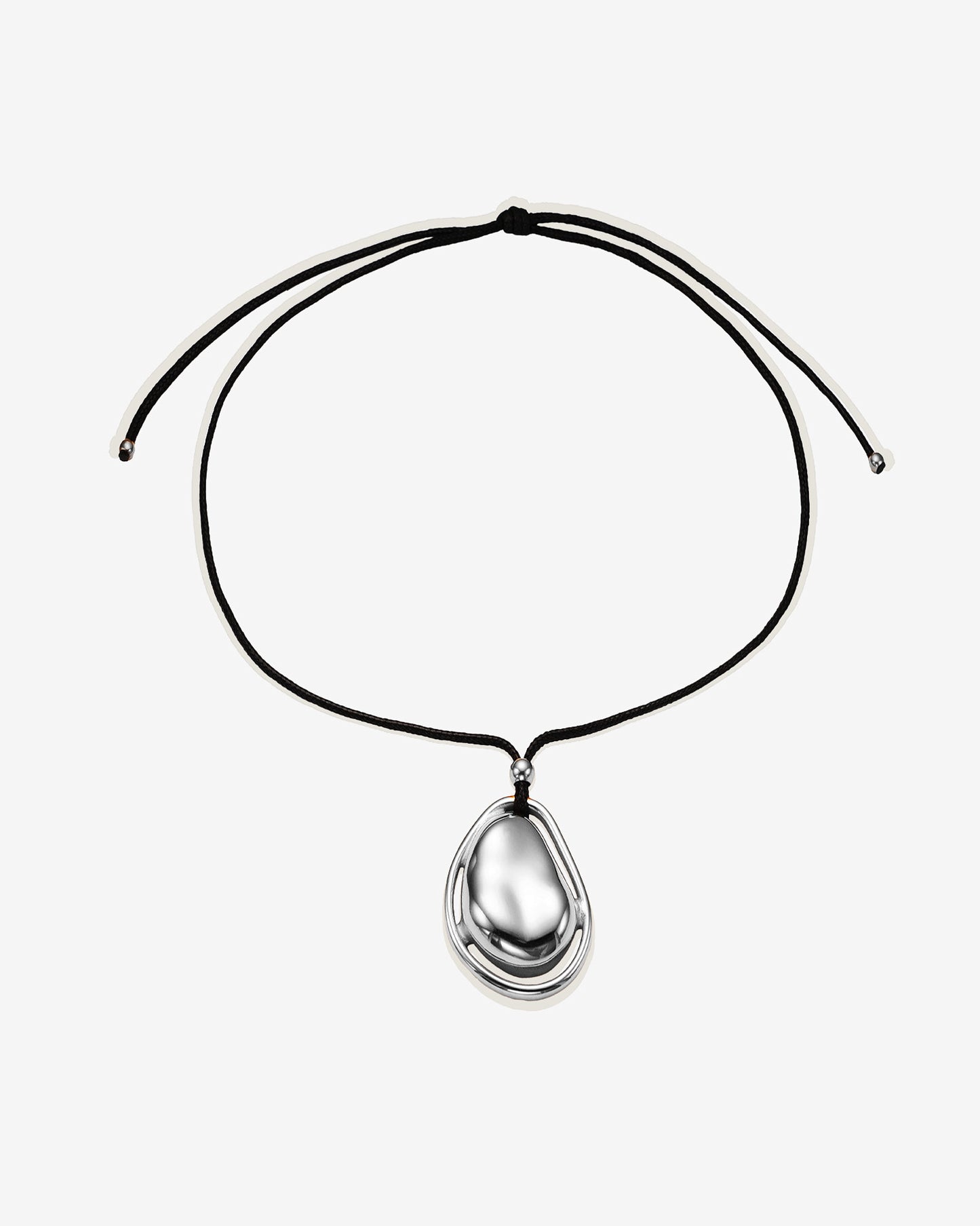 Necklace with a teardrop-shaped pendant on a black cord chain