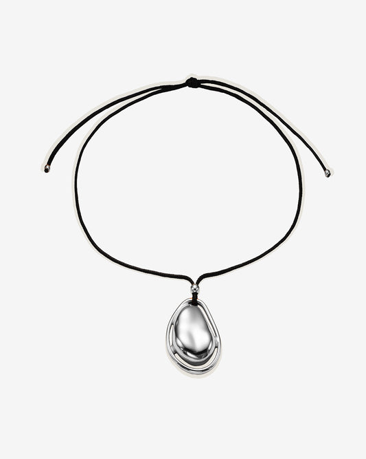 Necklace with a teardrop-shaped pendant on a black cord chain
