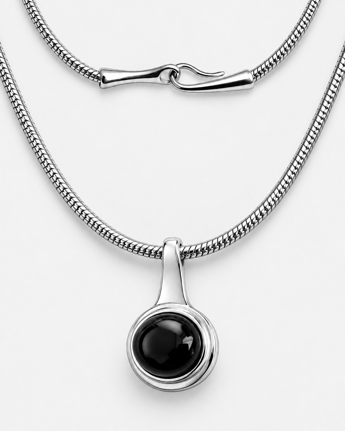 Black Onyx Pendant Necklace in gold or silver with round black stone pendant and sleek snake chain, modern sculptural statement jewelry for women