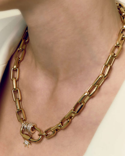 Carabiner pave pendant with sparkling zircon charms on chunky oval link chain, perfect for layering or bold standalone styling.