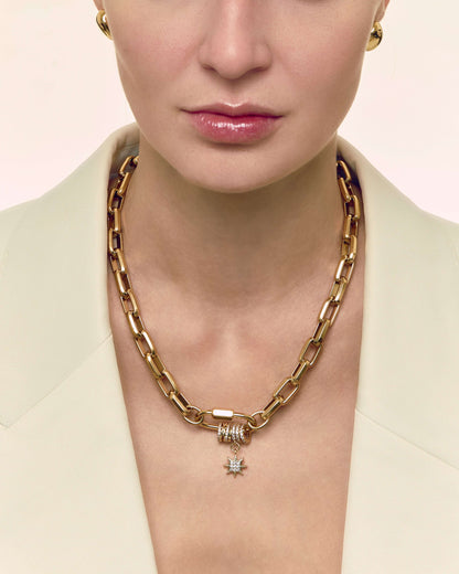 Carabiner pave pendant with sparkling zircon charms on chunky oval link chain, perfect for layering or bold standalone styling.
