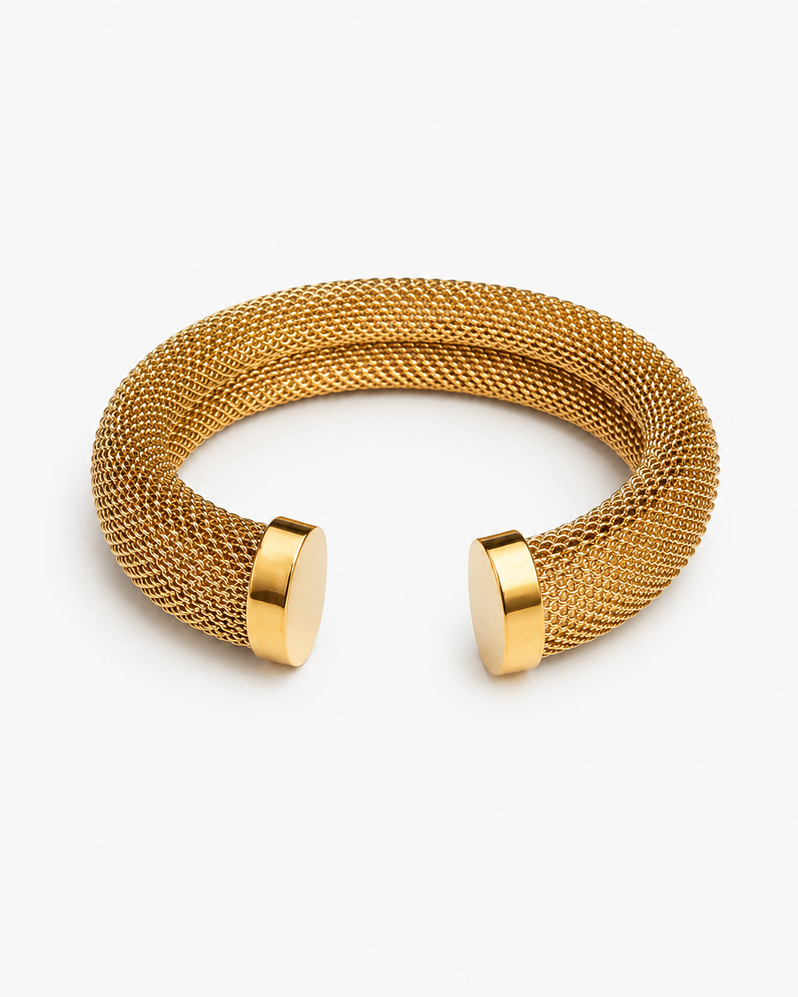 Mesh cuff bracelet gold and silver open bangle featuring textured woven metal design and polished end caps