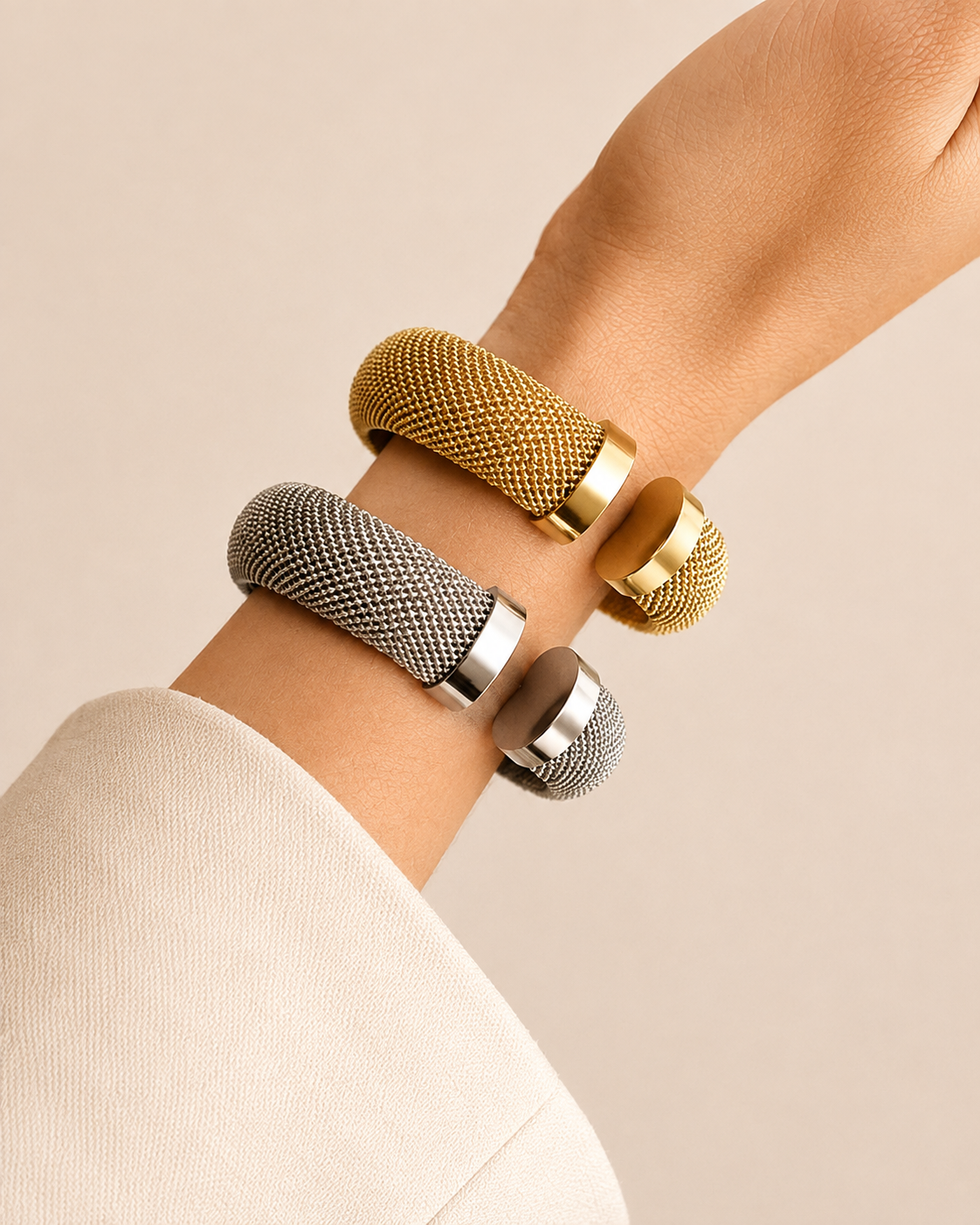 Mesh cuff bracelet in gold worn on wrist, chunky textured open cuff statement bracelet for women
