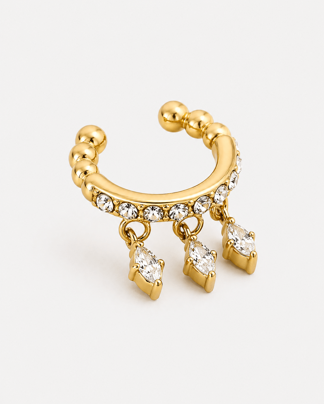 Gold CZ crystal ear cuff with dangling marquise crystal charms, elegant no piercing ear cuff for women, sparkling statement ear jewelry, trendy gold ear wrap, minimalist crystal cuff for everyday or party wear