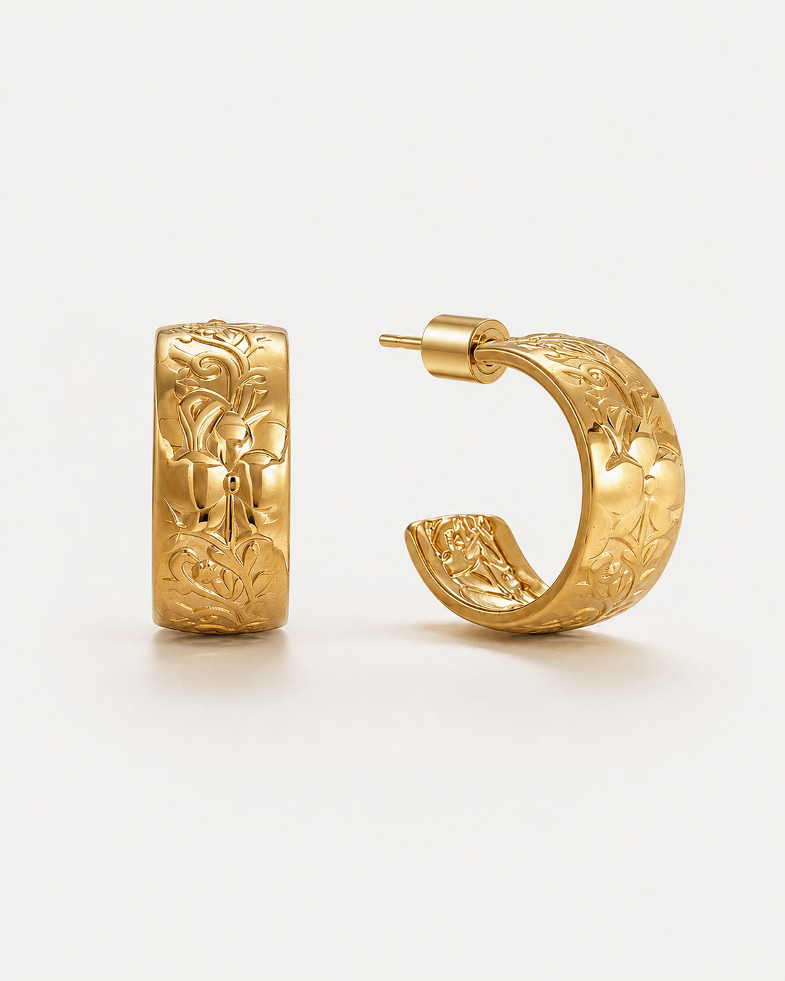 Gold hoop earrings, engraved floral hoop earrings, chunky gold hoops, vintage inspired earrings, wide hoop earrings, statement gold jewelry, botanical earrings, everyday gold earrings, elegant jewelry gift for women.