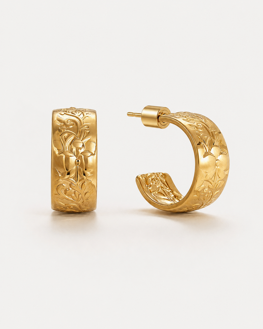 Gold hoop earrings, engraved floral hoop earrings, chunky gold hoops, vintage inspired earrings, wide hoop earrings, statement gold jewelry, botanical earrings, everyday gold earrings, elegant jewelry gift for women.