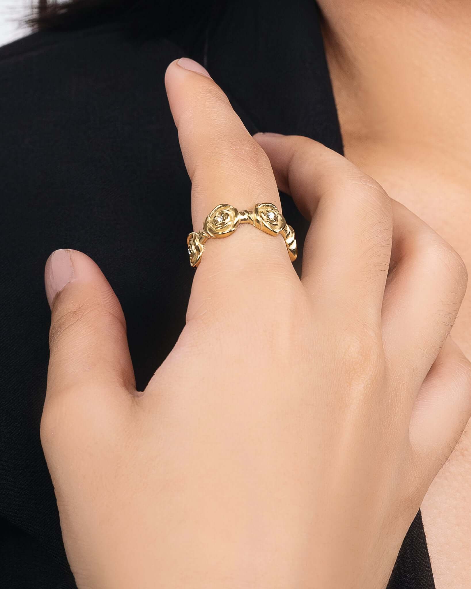 Gold rose flower ring with clear crystal stones, chunky statement band ring, 18K gold plated stainless steel ring, floral stackable ring, vintage inspired rose ring, adjustable fashion ring for women, bold gold gemstone ring, aesthetic everyday jewelry, trendy floral signet ring, gift for her