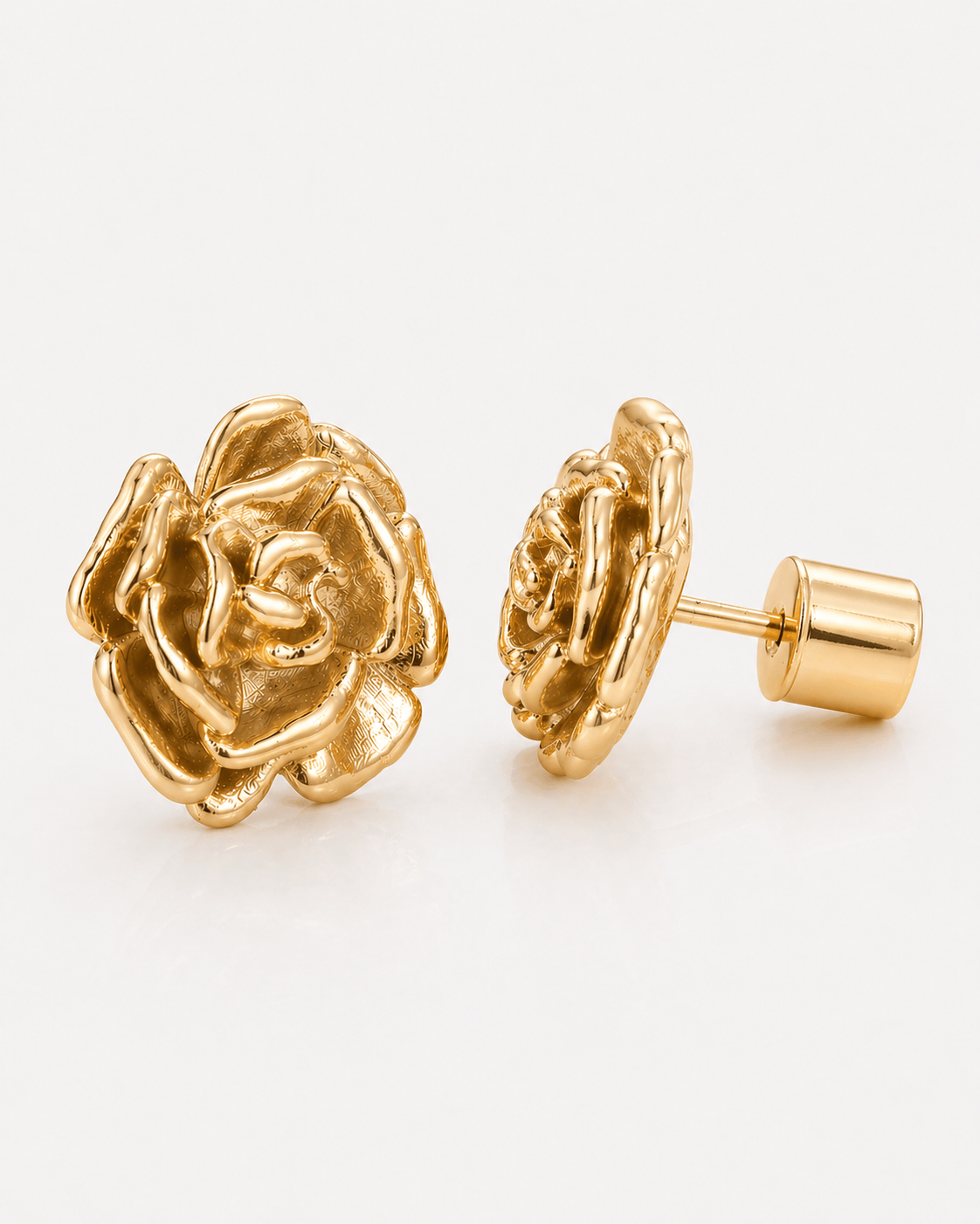 Gold rose stud earrings for women, sculptural flower earrings with textured petals, romantic floral statement studs, elegant gold flower jewelry, trendy feminine earrings for everyday wear, weddings, or special occasions