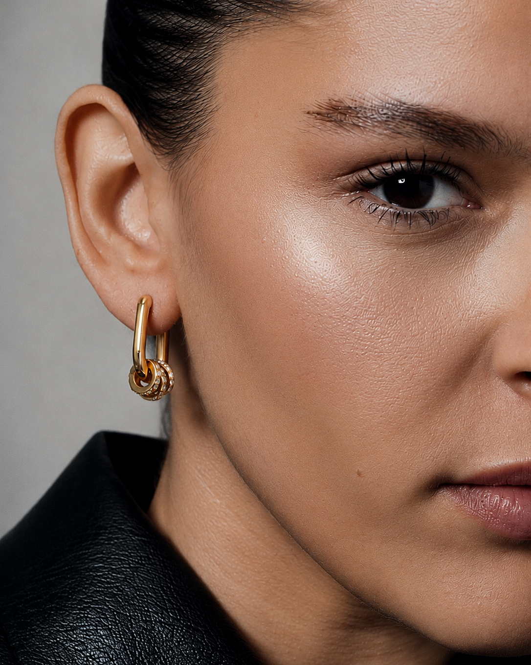 Square hoop earrings with crystal charms in gold and silver featuring polished geometric rectangular hoops, three pavé crystal ring accents and a modern statement jewelry design by RRule