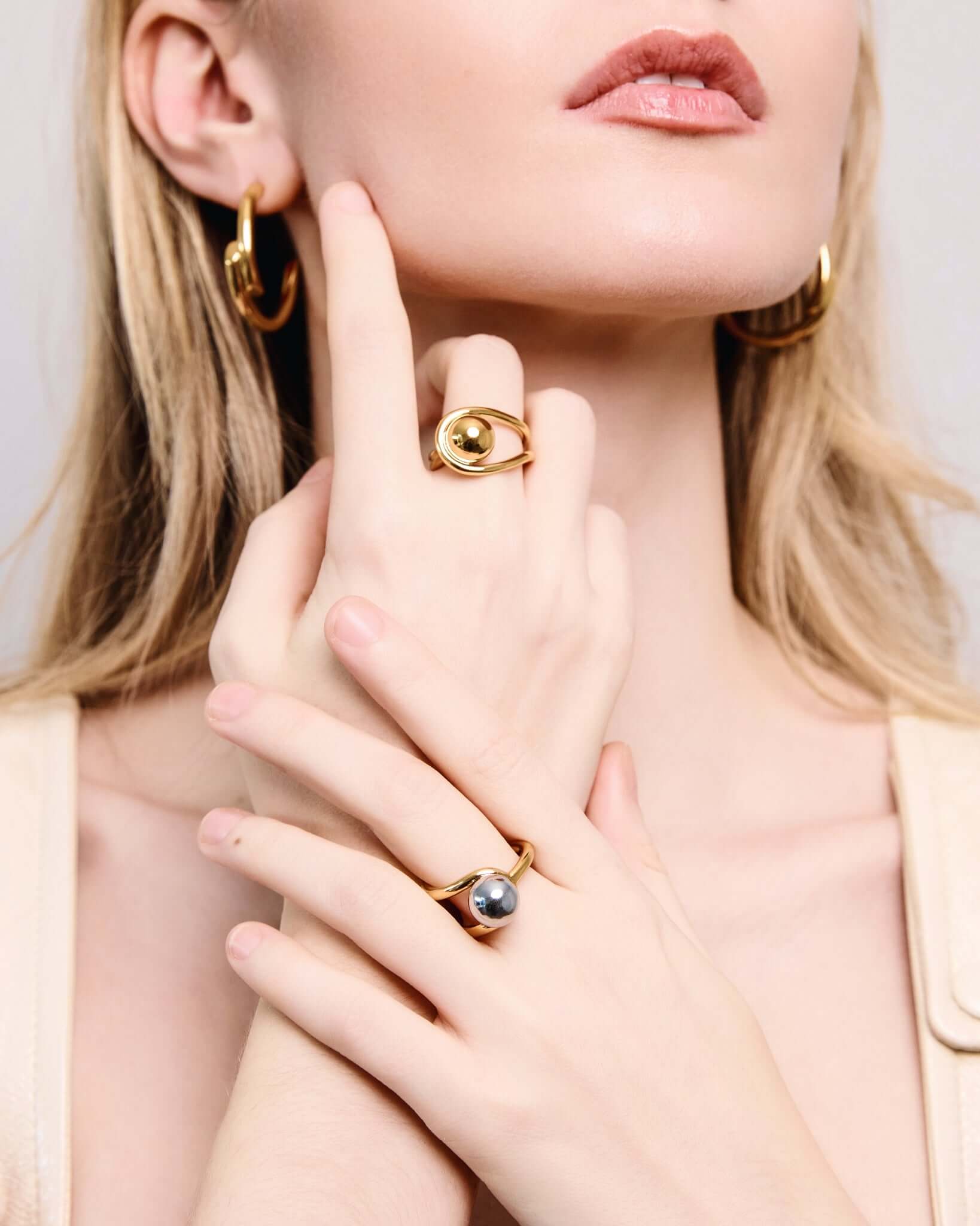 Two tone dome ring in gold and silver finish, modern sculptural statement ring for women, chunky open dome ring, contemporary mixed metal jewelry, bold minimalist fashion ring for everyday or elevated styling