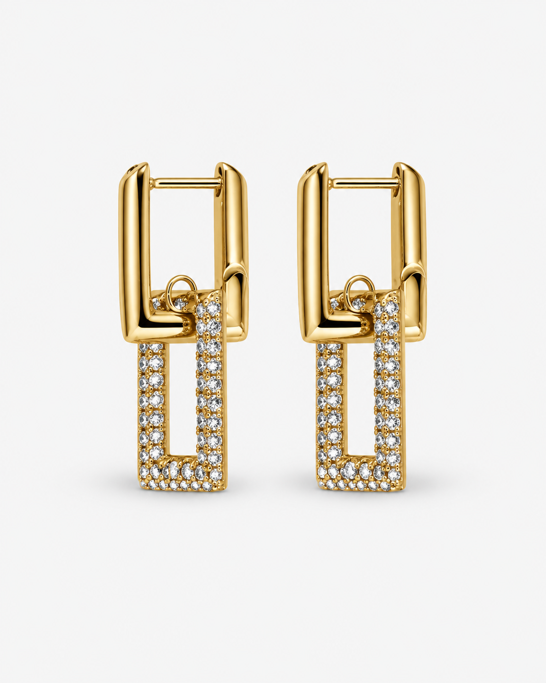 Pavé rectangle drop earrings in gold and silver with crystal-set geometric rectangular drops, polished hoop detailing and modern statement design by RRule