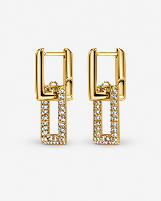Pavé rectangle drop earrings in gold and silver with crystal-set geometric rectangular drops, polished hoop detailing and modern statement design by RRule