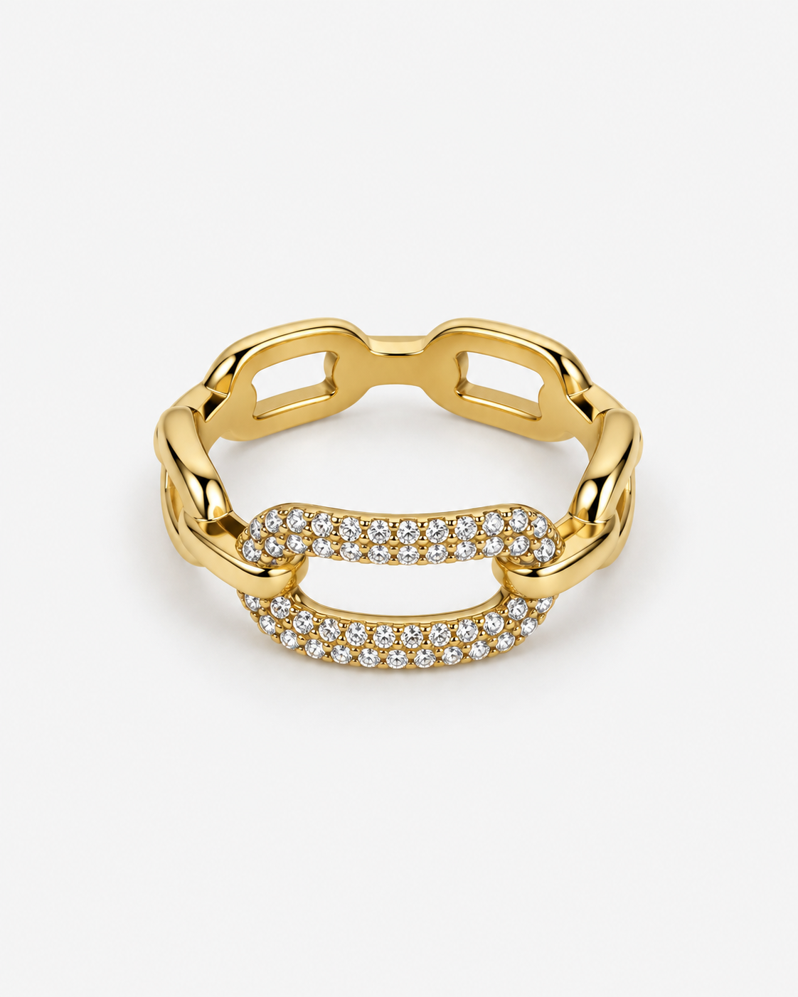 Pavé chain link ring in polished gold with interlocking links, sparkling crystal accents and sculptural statement design by RRule