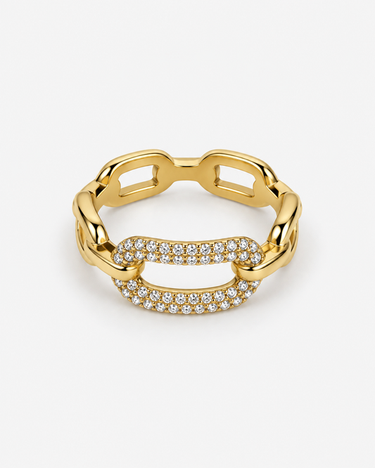 Pavé chain link ring in polished gold with interlocking links, sparkling crystal accents and sculptural statement design by RRule