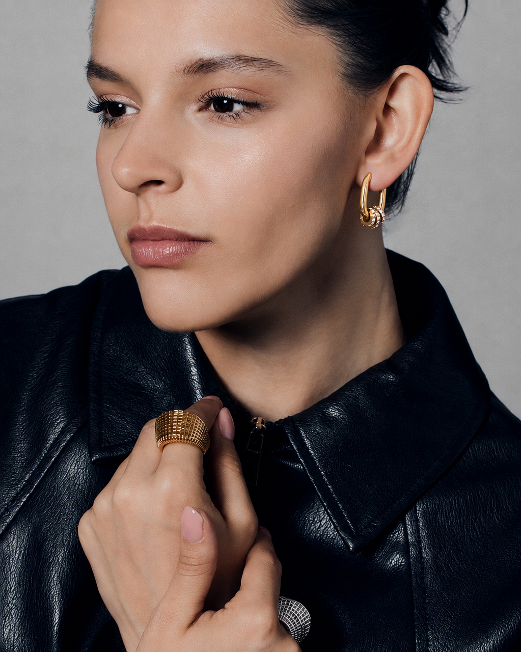 Square hoop earrings with crystal charms in gold and silver featuring polished geometric rectangular hoops, three pavé crystal ring accents and a modern statement jewelry design by RRule