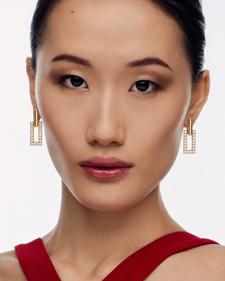 Pavé rectangle drop earrings in gold and silver with crystal-set geometric rectangular drops, polished hoop detailing and modern statement design by RRule