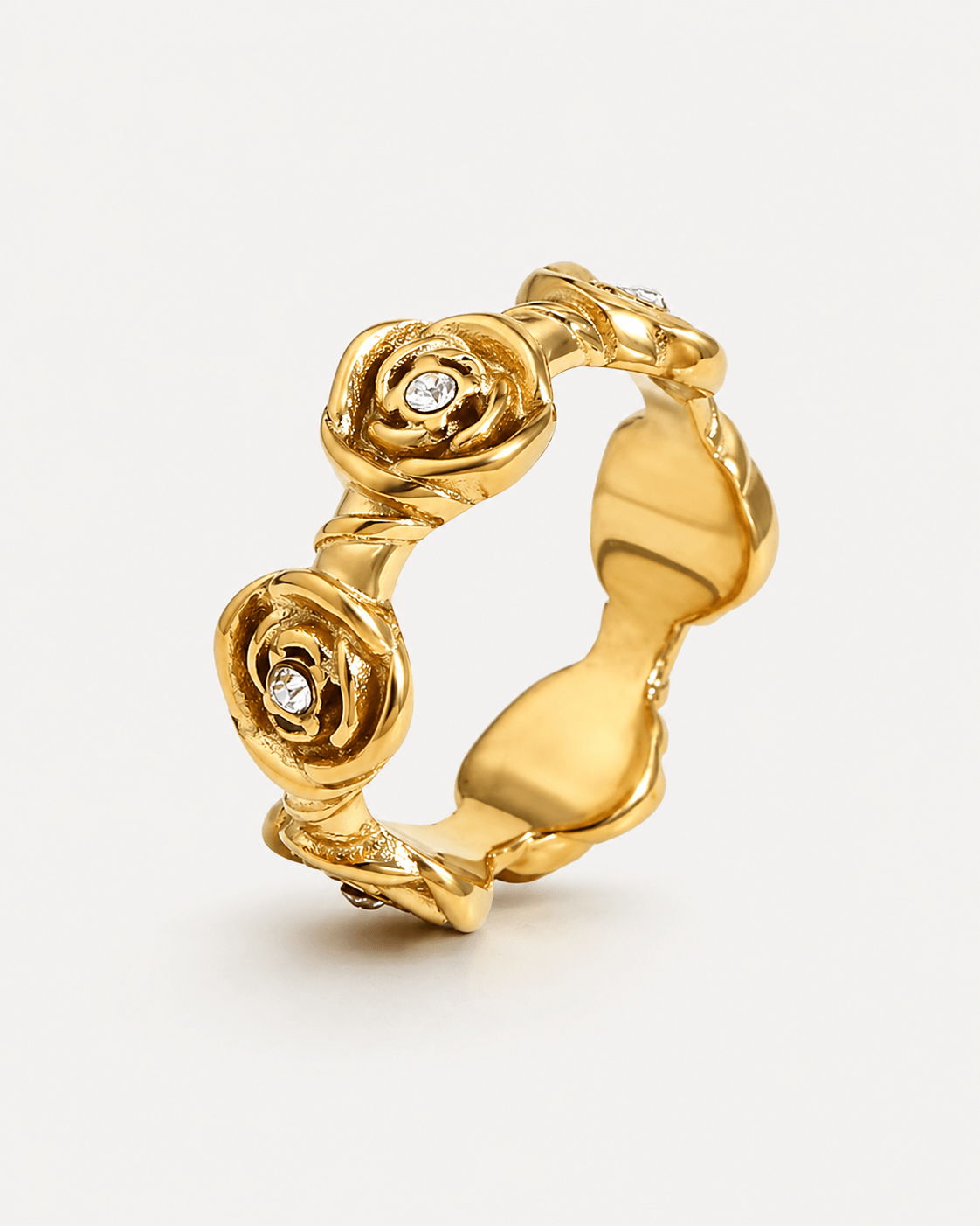 Gold rose flower ring with clear crystal stones, chunky statement band ring, 18K gold plated stainless steel ring, floral stackable ring, vintage inspired rose ring, adjustable fashion ring for women, bold gold gemstone ring, aesthetic everyday jewelry, trendy floral signet ring, gift for her