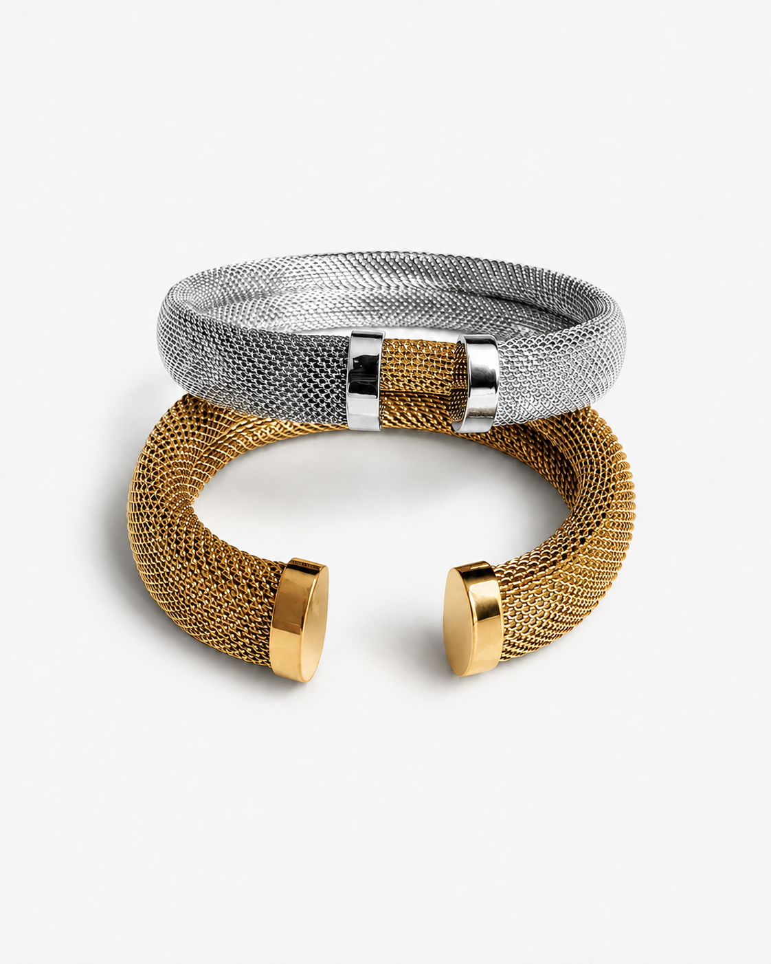 Mesh cuff bracelet close-up showing detailed woven texture, polished metal ends and sculptural open bangle shape