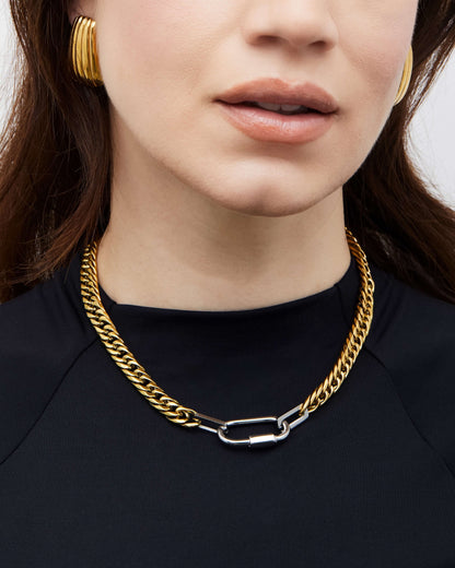 Two-tone chunky Cuban link chain necklace with bold links and pendant attachment, perfect for layering or statement styling.