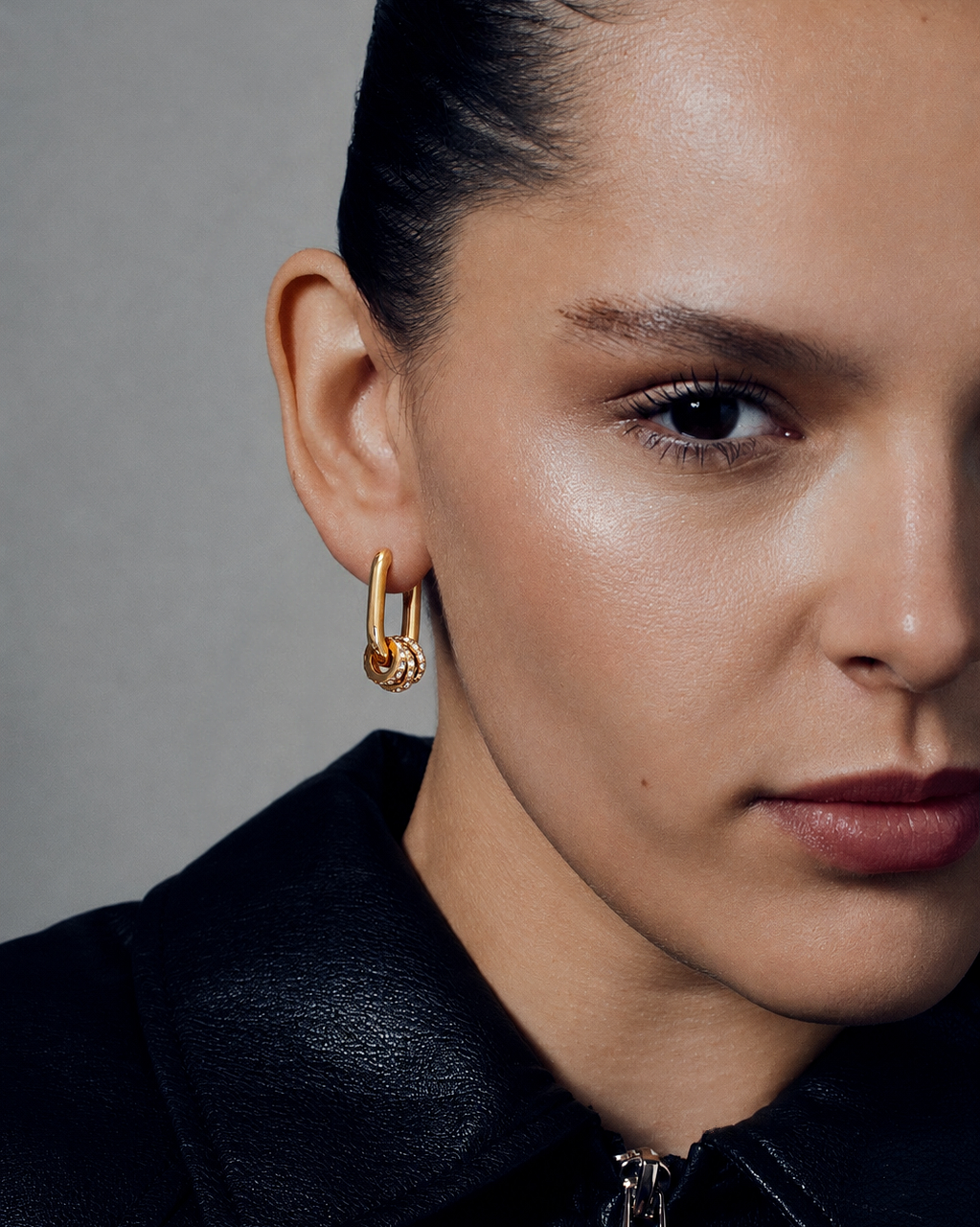 Square hoop earrings with crystal charms in gold and silver featuring polished geometric rectangular hoops, three pavé crystal ring accents and a modern statement jewelry design by RRule