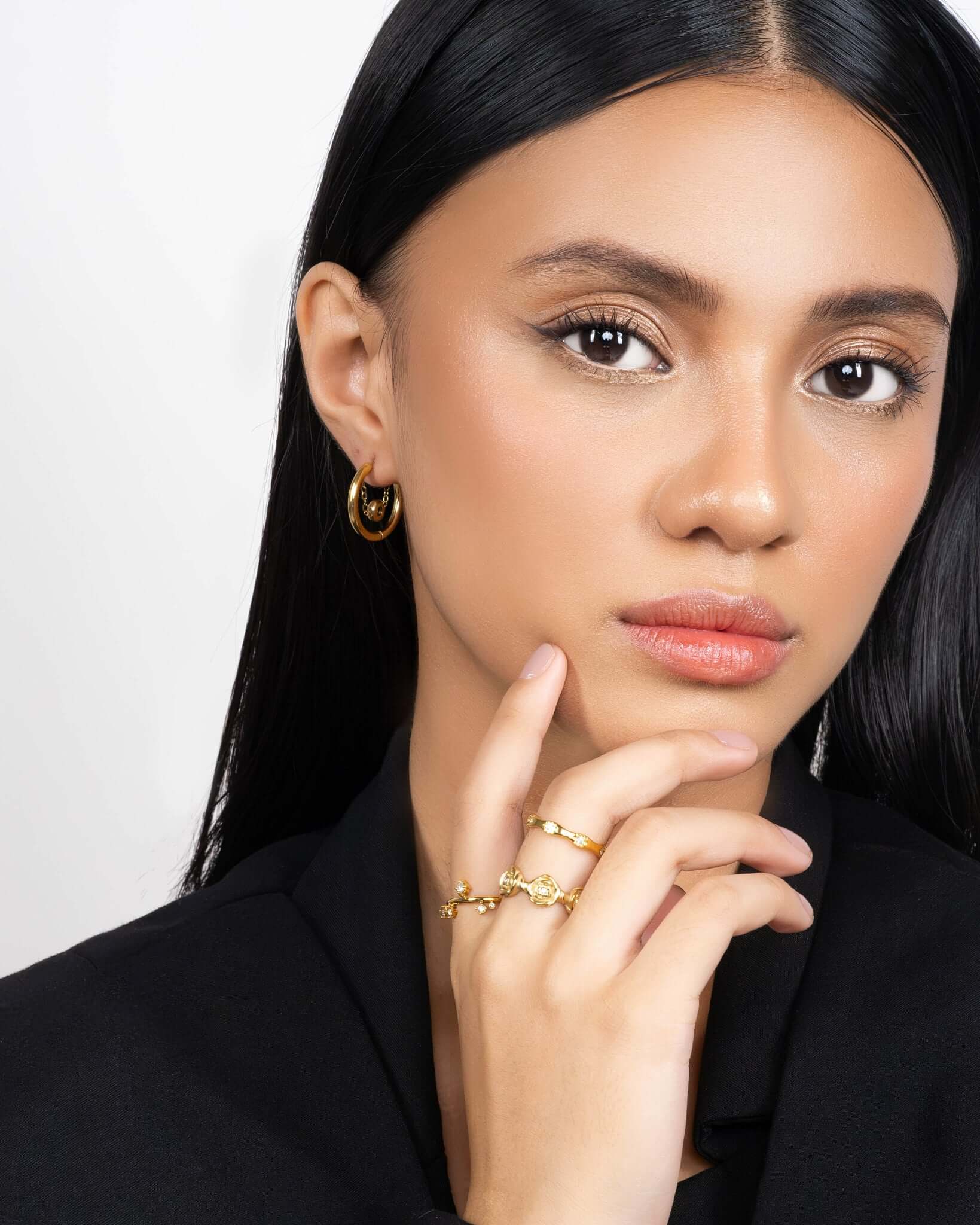 Stacked gold ring set with crystal stones, two matching 18K gold plated stainless steel rings featuring celestial starburst band and open crystal accent ring, minimalist stackable statement jewelry for women, elegant everyday fashion ring set