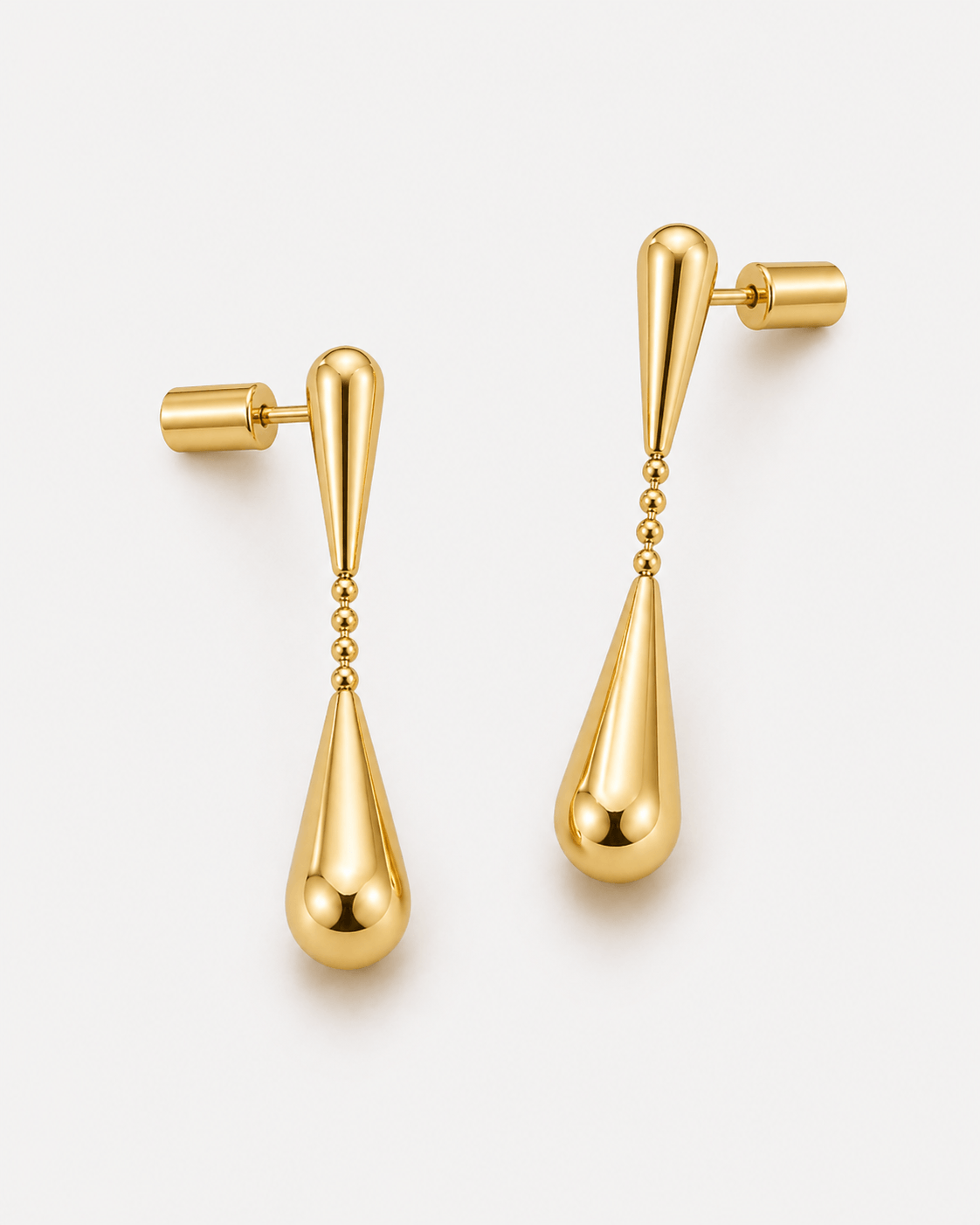Double teardrop drop stud earrings in gold or silver finish, modern minimalist dangling earrings for women, elegant statement teardrop jewelry, sleek long drop earrings, trendy everyday or evening earrings gift for her