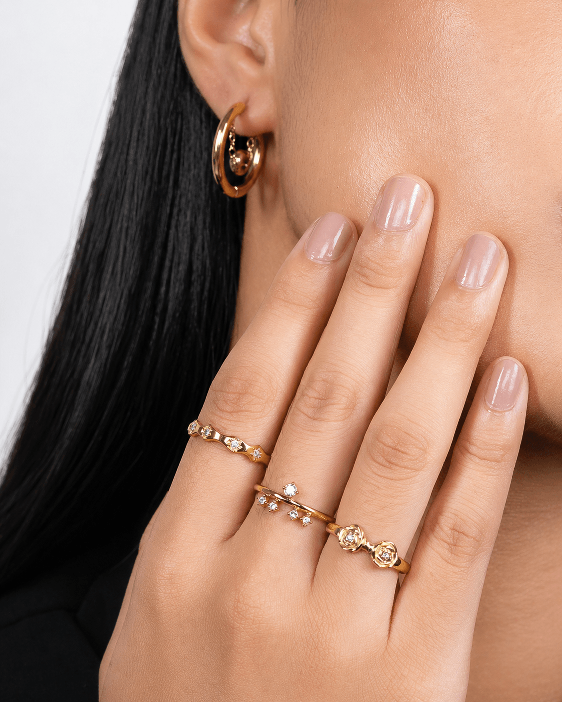 Gold rose flower ring with clear crystal stones, chunky statement band ring, 18K gold plated stainless steel ring, floral stackable ring, vintage inspired rose ring, adjustable fashion ring for women, bold gold gemstone ring, aesthetic everyday jewelry, trendy floral signet ring, gift for her