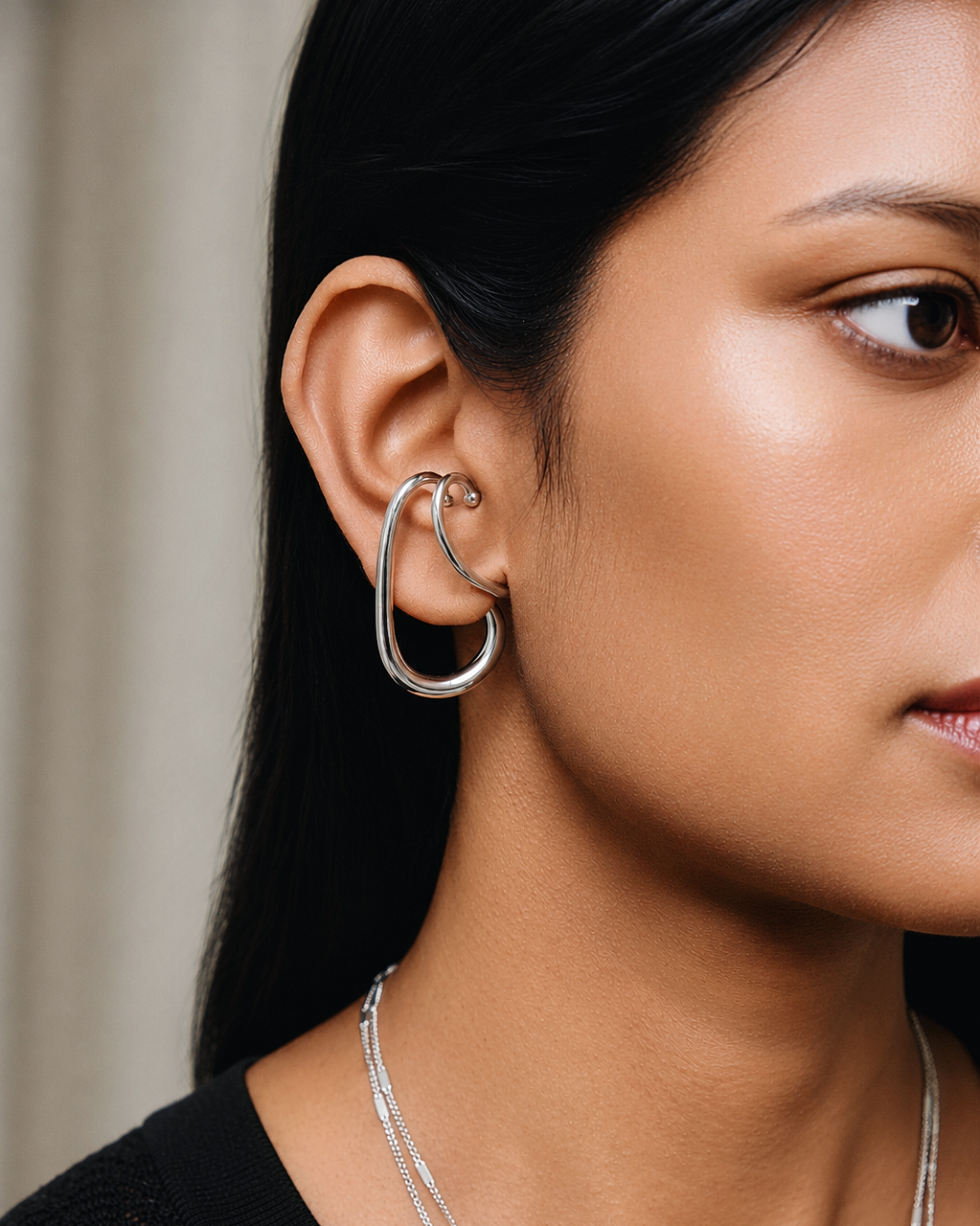 chunky gold hanging ear cuff with oversized teardrop hoop design, no piercing ear cuff earring for women, modern sculptural gold ear wrap jewelry, statement chunky ear cuff with elegant dangle silhouette, waterproof hypoallergenic fashion jewelry for everyday wear and special occasions