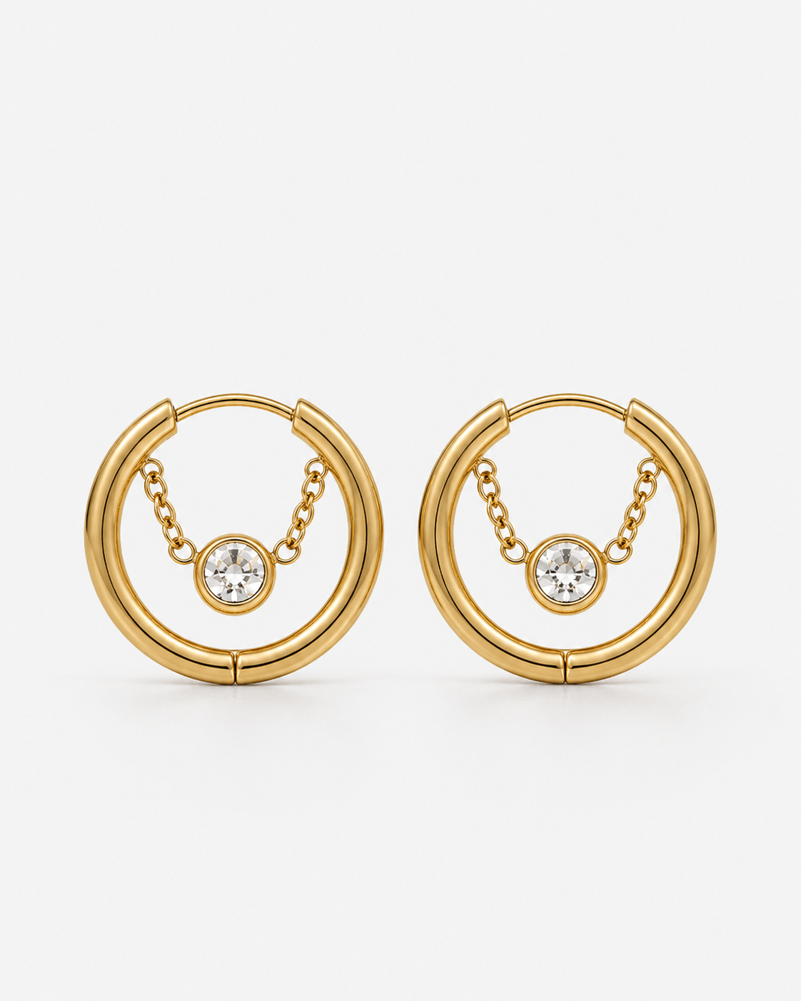 Gold crystal hoop chain earrings with dangling clear gemstone detail, modern chunky hoop earrings for women, minimalist statement jewelry, trendy gold hoops with chain accent, elegant everyday or party earrings gift for her