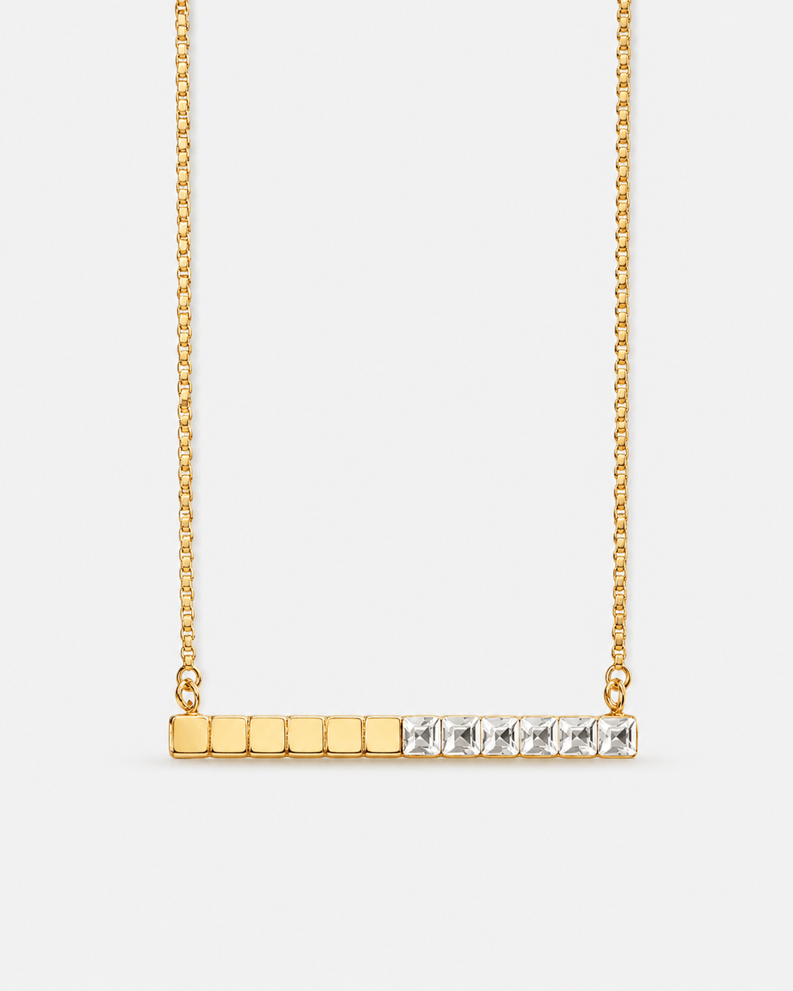 Minimalist long bar pendant necklace in gold with crystal detail, modern dainty gold necklace for women, geometric bar pendant jewelry, elegant everyday necklace, delicate crystal chain necklace for layering or gifting