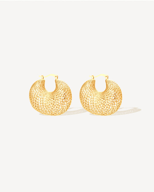 Gold mesh hoop earrings with sculptural lattice openwork design, bold lightweight statement hoops for women, modern gold-plated stainless steel jewelry, non-tarnish and water-resistant contemporary earrings, fashion-forward sculptural hoop earrings perfect for everyday wear, evening looks, and modern statement jewelry collections.