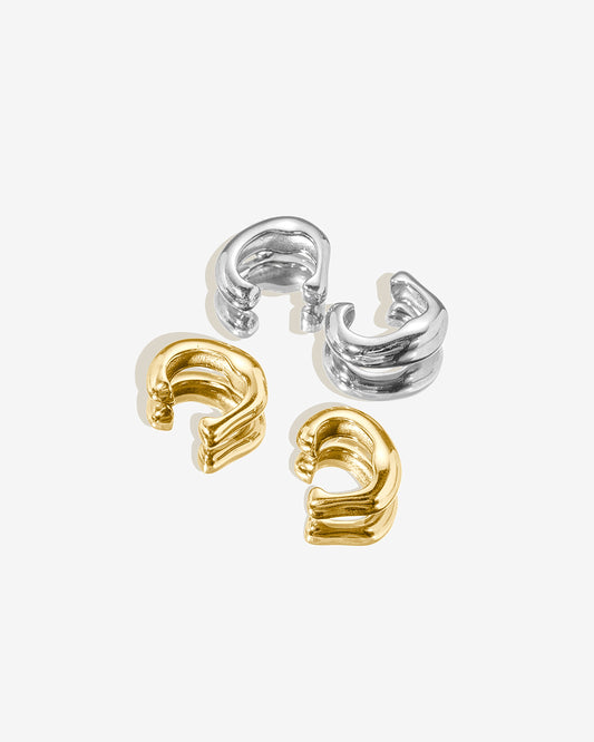 Thick dome ear cuff in polished gold and silver, sculptural non-pierced cuff for stacking and everyday styling.