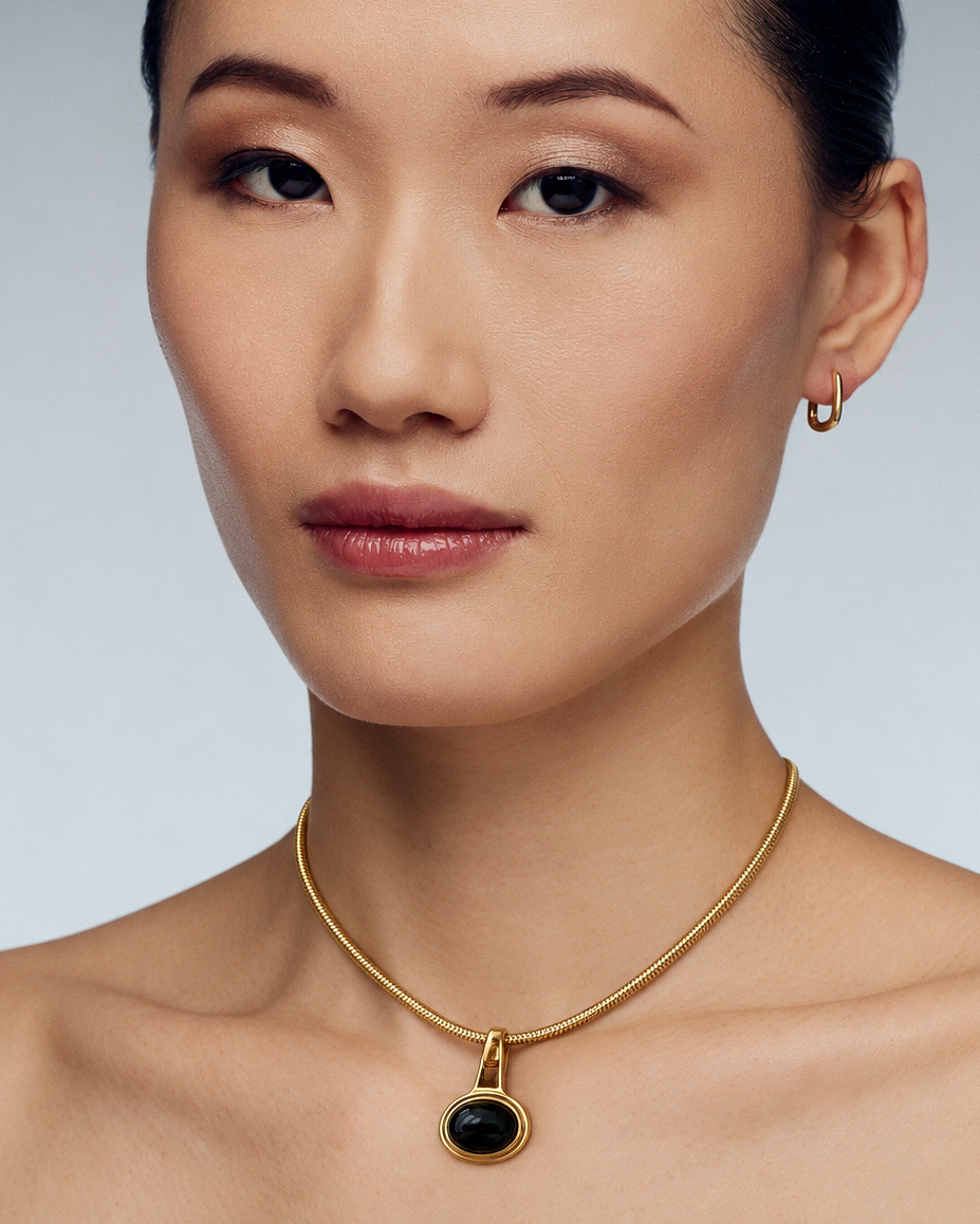 Black Onyx Pendant Necklace in gold or silver with round black stone pendant and sleek snake chain, modern sculptural statement jewelry for women 