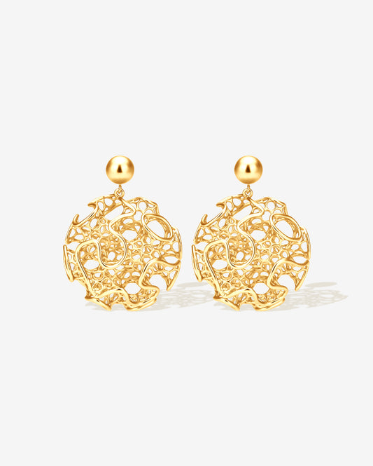 Gold filigree orb statement earrings with intricate openwork lattice design, sculptural modern round dangle earrings for women, bold lightweight statement jewelry, non-tarnish gold-plated stainless steel earrings inspired by architecture and art, contemporary earrings for everyday wear, weddings, parties, and fashion-forward styling.