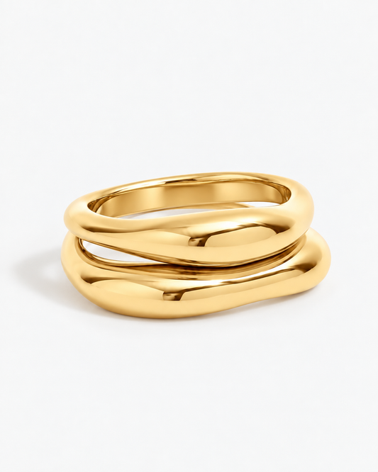 Sculptural set band ring in gold or silver with organic fluid wave design, chunky polished statement ring for women, modern minimalist jewelry by RRule The Label