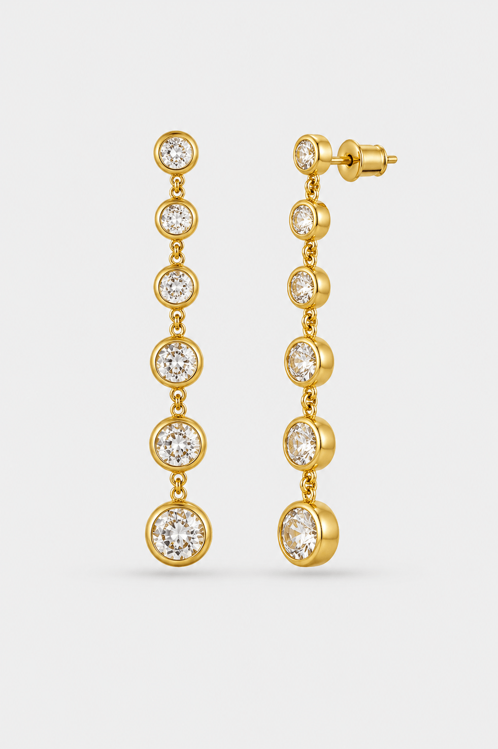 CZ crystal long drop earrings in gold or silver finish, elegant linear crystal earrings for women, sparkling statement drop earrings, modern dangling bridal jewelry, minimalist long crystal earrings for evening wear or special occasions