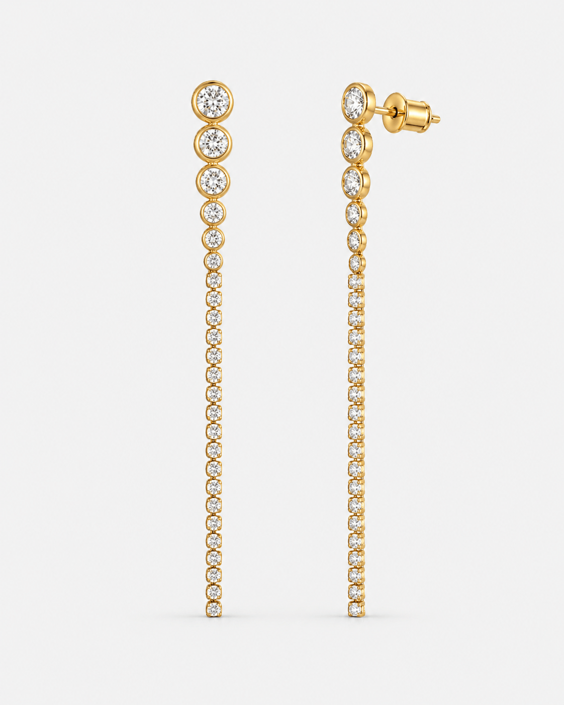 CZ crystal long drop earrings in gold or silver finish, elegant linear crystal earrings for women, sparkling statement drop earrings, modern dangling bridal jewelry, minimalist long crystal earrings for evening wear or special occasions
