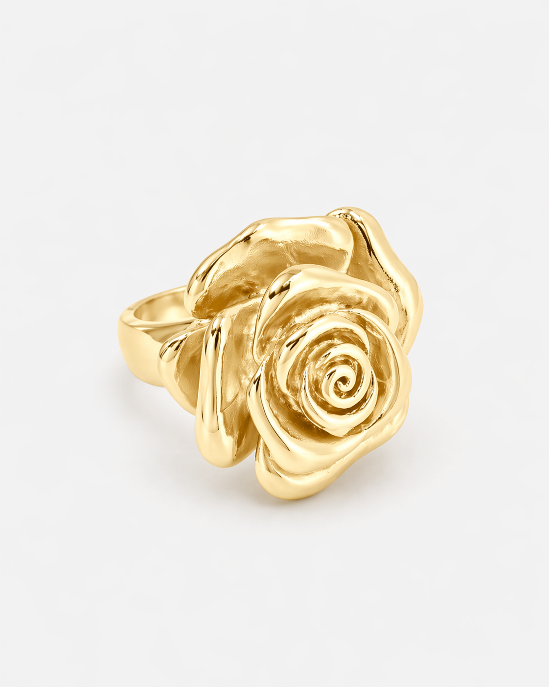 Gold rose statement ring for women with sculptural floral design, chunky gold flower ring, bold fashion cocktail ring, polished gold band ring, trendy statement jewelry gift for her