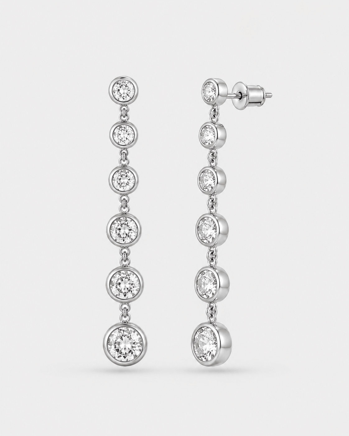 CZ crystal long drop earrings in gold or silver finish, elegant linear crystal earrings for women, sparkling statement drop earrings, modern dangling bridal jewelry, minimalist long crystal earrings for evening wear or special occasions