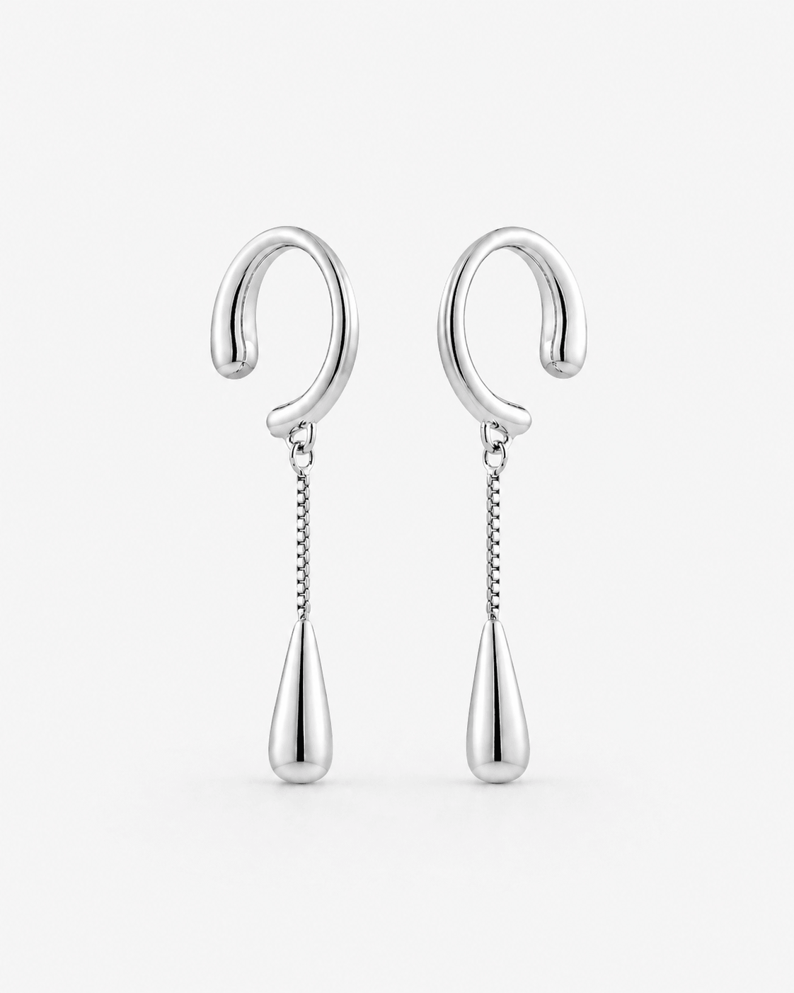 Drop dangle ear cuff in gold or silver finish, minimalist no piercing ear cuff with dangling teardrop charm, modern statement ear jewelry for women, elegant chain drop ear wrap, trendy everyday or evening ear cuff styling