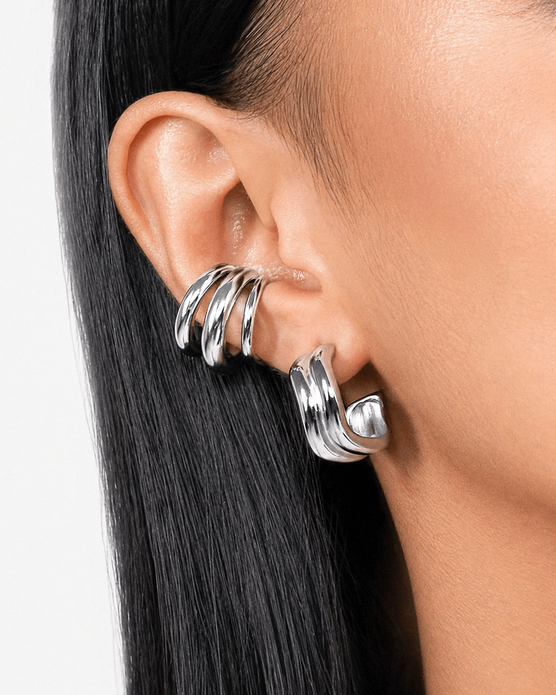 Triple band ear cuff in gold or silver finish, chunky layered ear cuff for women, modern minimalist no piercing ear wrap, bold statement ear jewelry, trendy stacked ear cuff for everyday or party styling