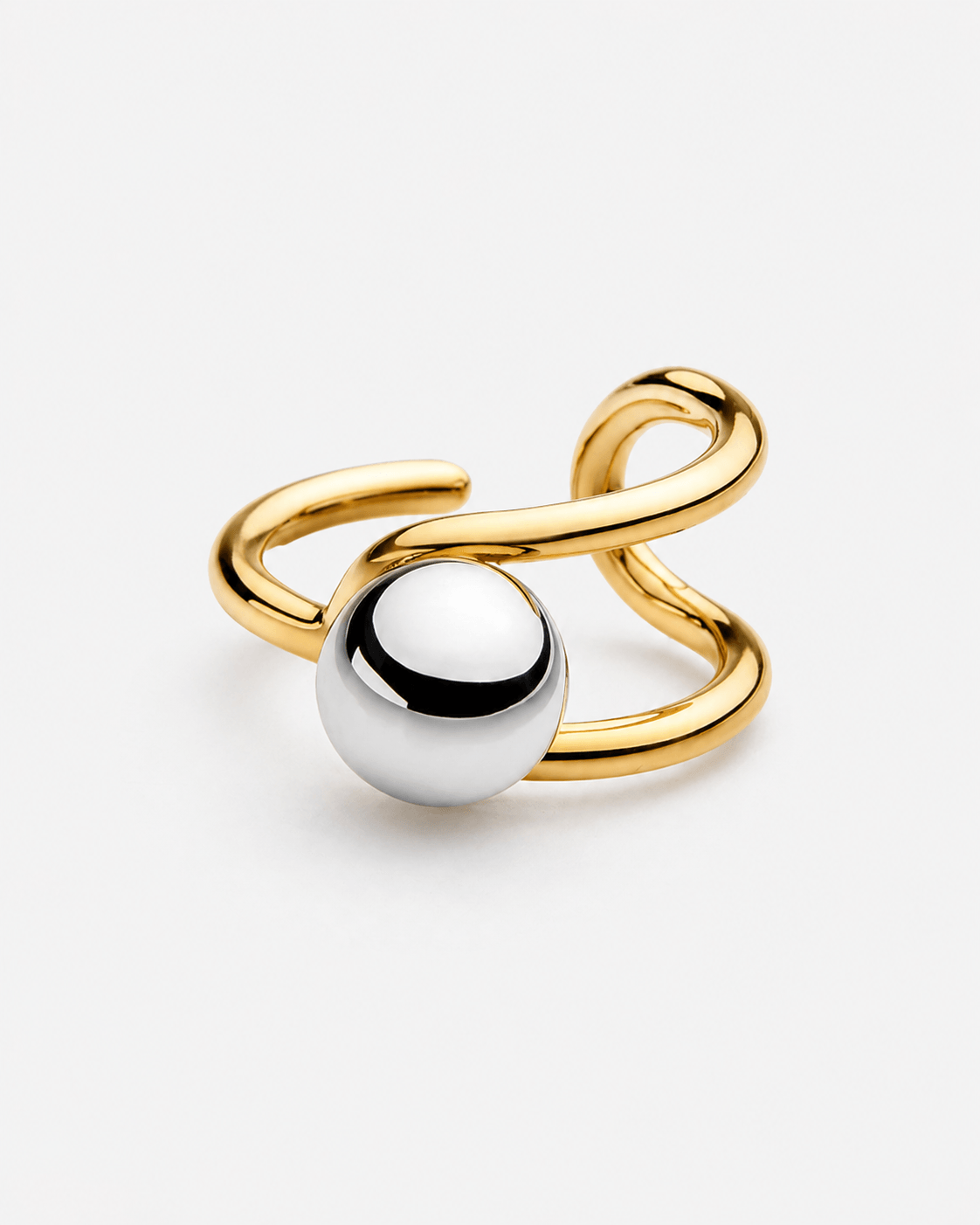 Two tone dome ring in gold and silver finish, modern sculptural statement ring for women, chunky open dome ring, contemporary mixed metal jewelry, bold minimalist fashion ring for everyday or elevated styling