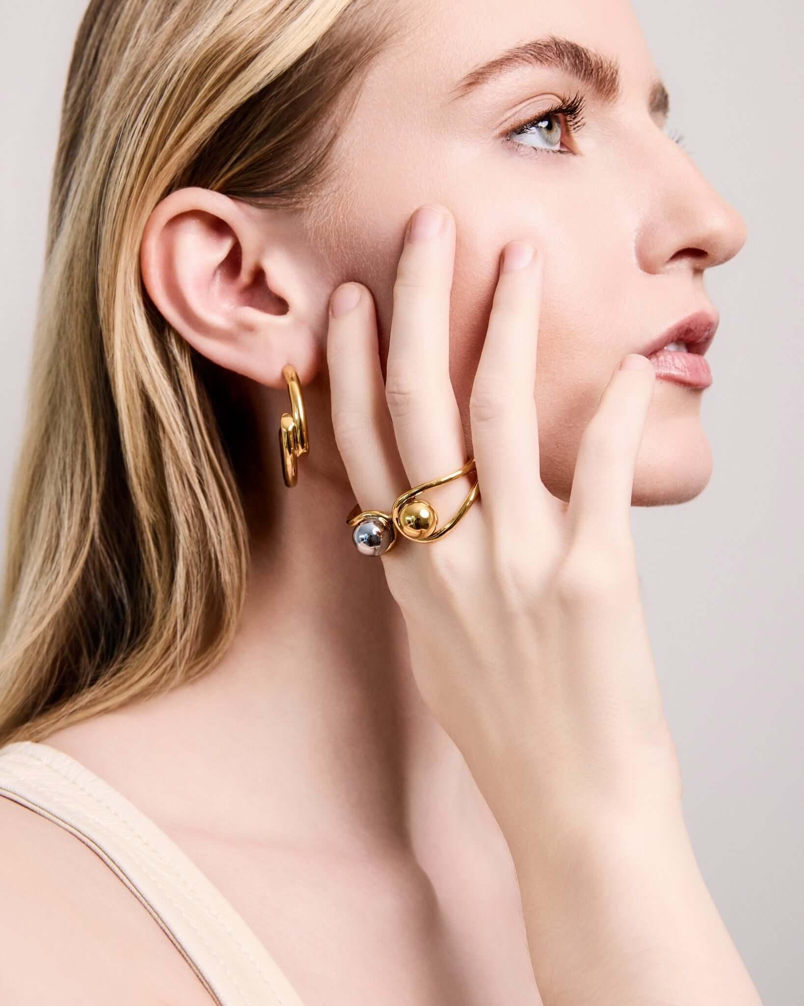 Two tone dome ring in gold and silver finish, modern sculptural statement ring for women, chunky open dome ring, contemporary mixed metal jewelry, bold minimalist fashion ring for everyday or elevated styling