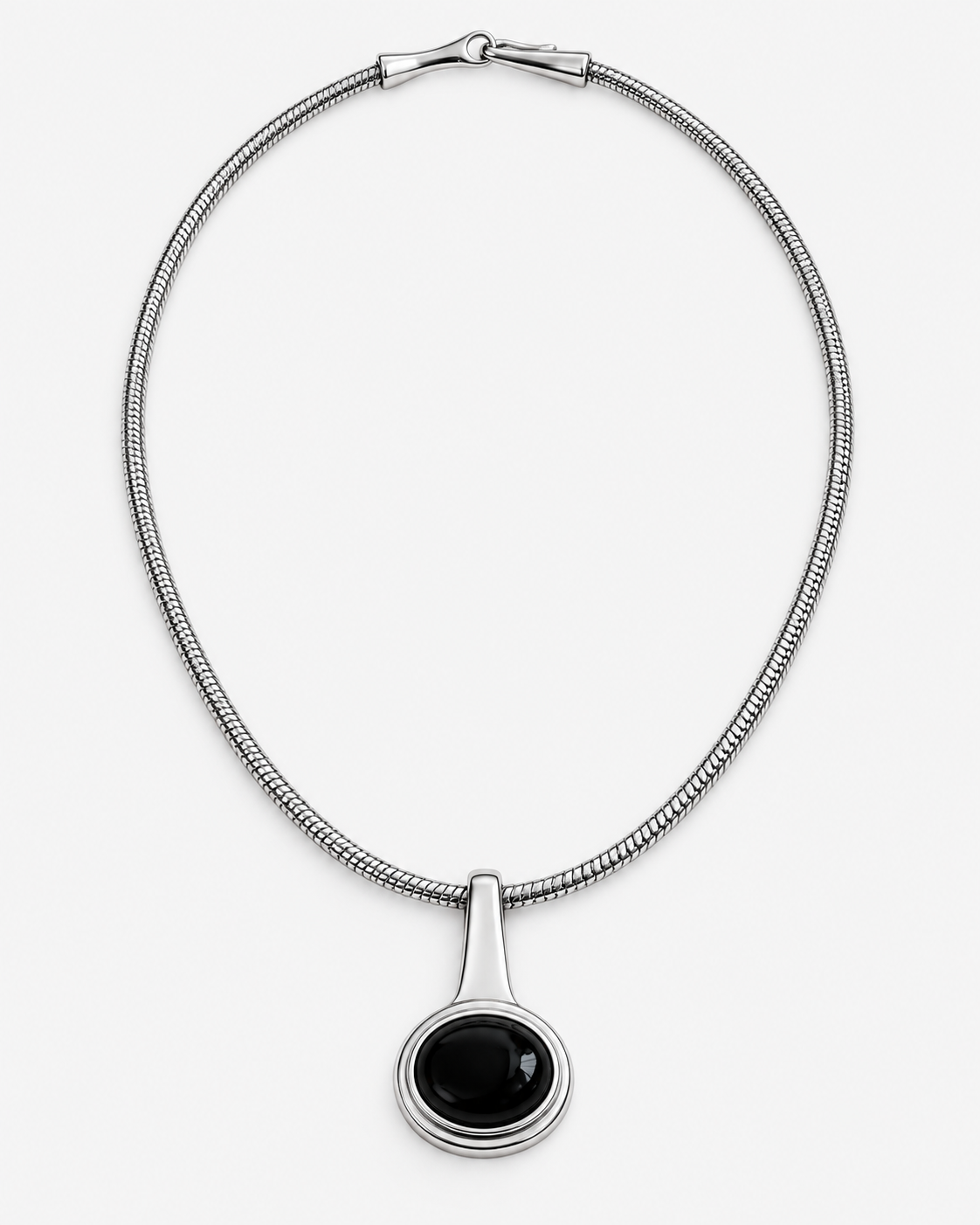 Black Onyx Pendant Necklace in gold or silver with round black stone pendant and sleek snake chain, modern sculptural statement jewelry for women